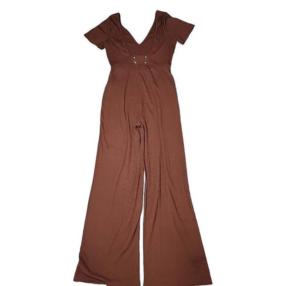 Urban outfitters deep v brown ribbed short sleeve flare leg jumpsuit - Picture 2 of 8